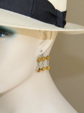 Sterling Silver Amber Chandelier Earrings. RARE Bezel Set Round Cabochon